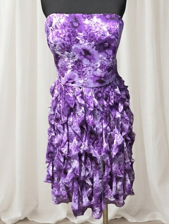 White House Black Market Dresses & Skirts - White House Black Market Strapless Purple Floral Ruffle Dress